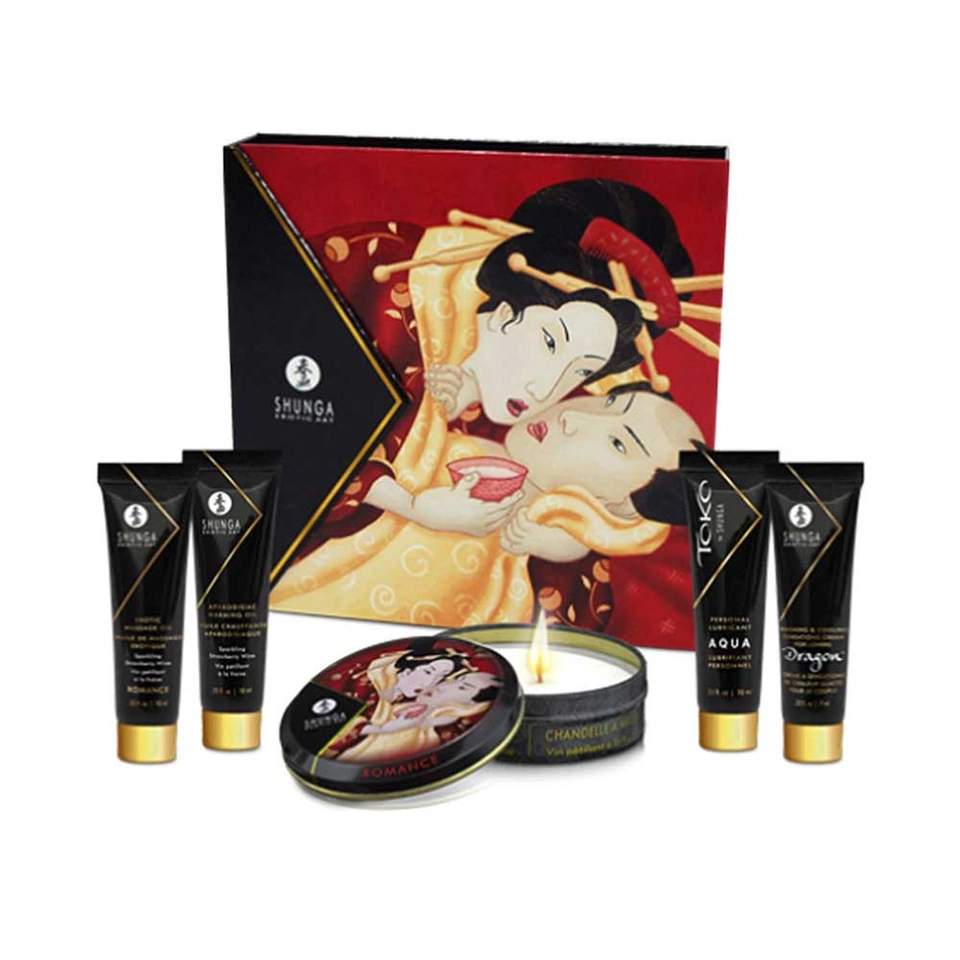 Shunga Geisha's Secrets Sparkling Strawberry Wine Set Schachtel