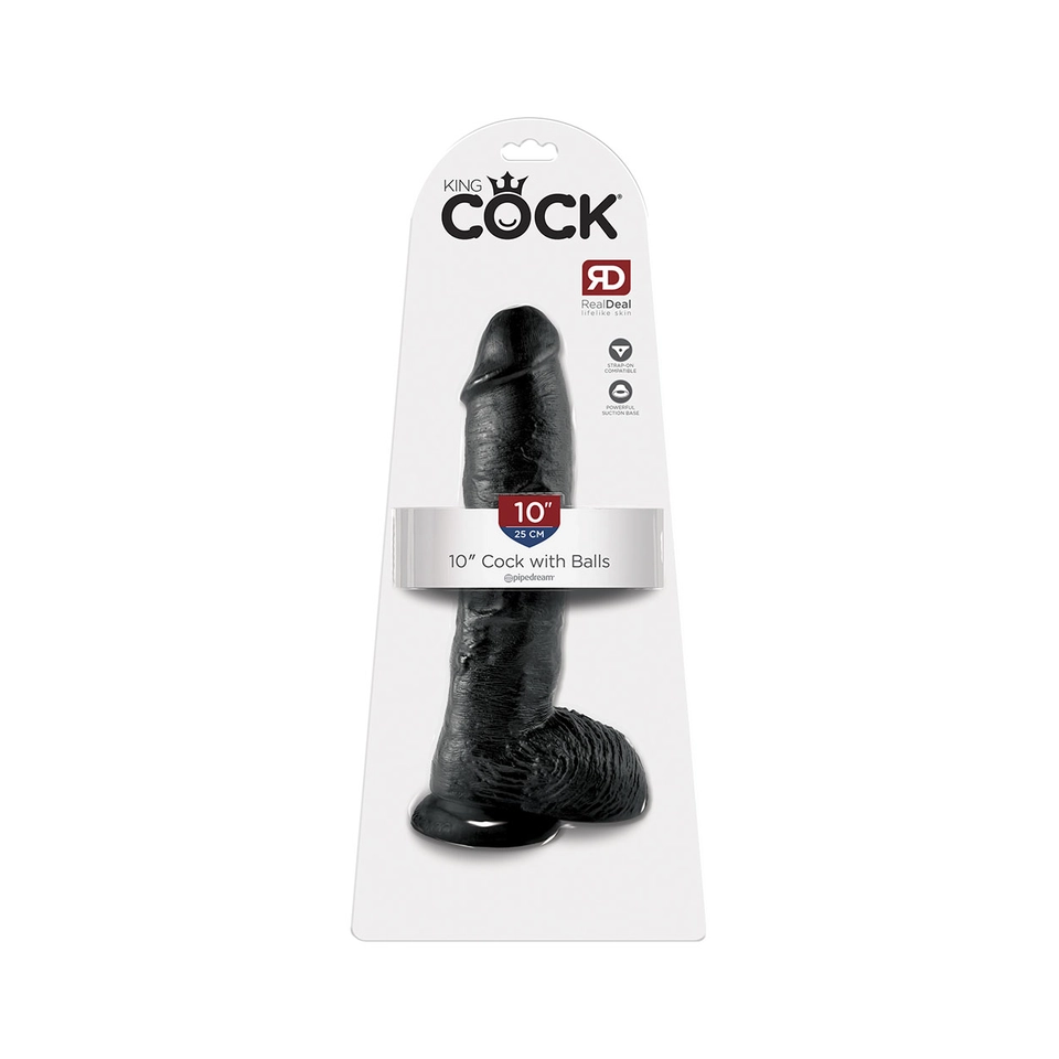 King Cock 10" - 25 cm Cock with Balls Preto Dildo Realístico Caixa